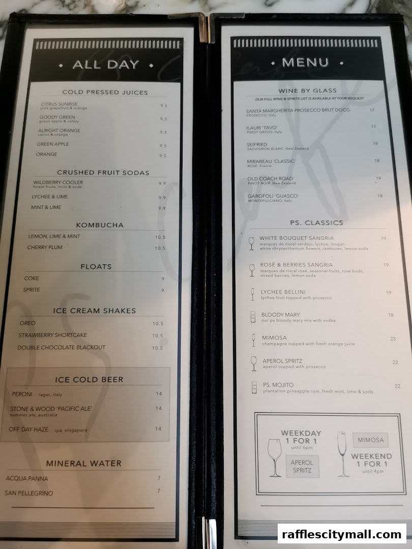 A menu from PS.Cafe Raffles City featuring drinks like cold pressed juices, sodas, kombucha, floats, shakes, beer, and wine.