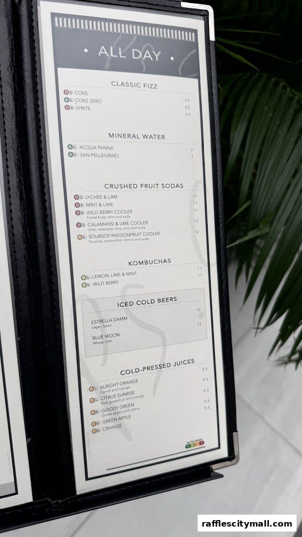 A menu from PS.Cafe Raffles City featuring drinks like sodas, kombuchas, beers, and juices.