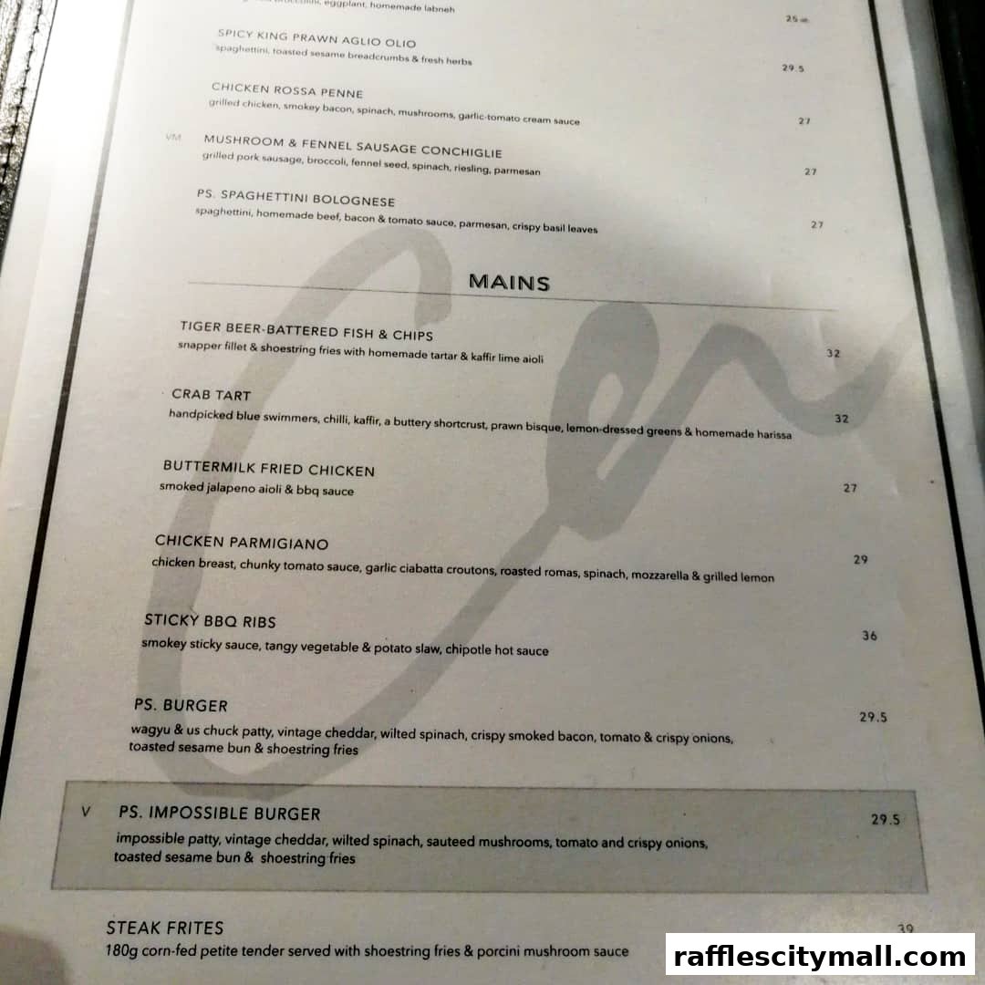 A close-up view of a restaurant menu featuring main courses with descriptions and prices.