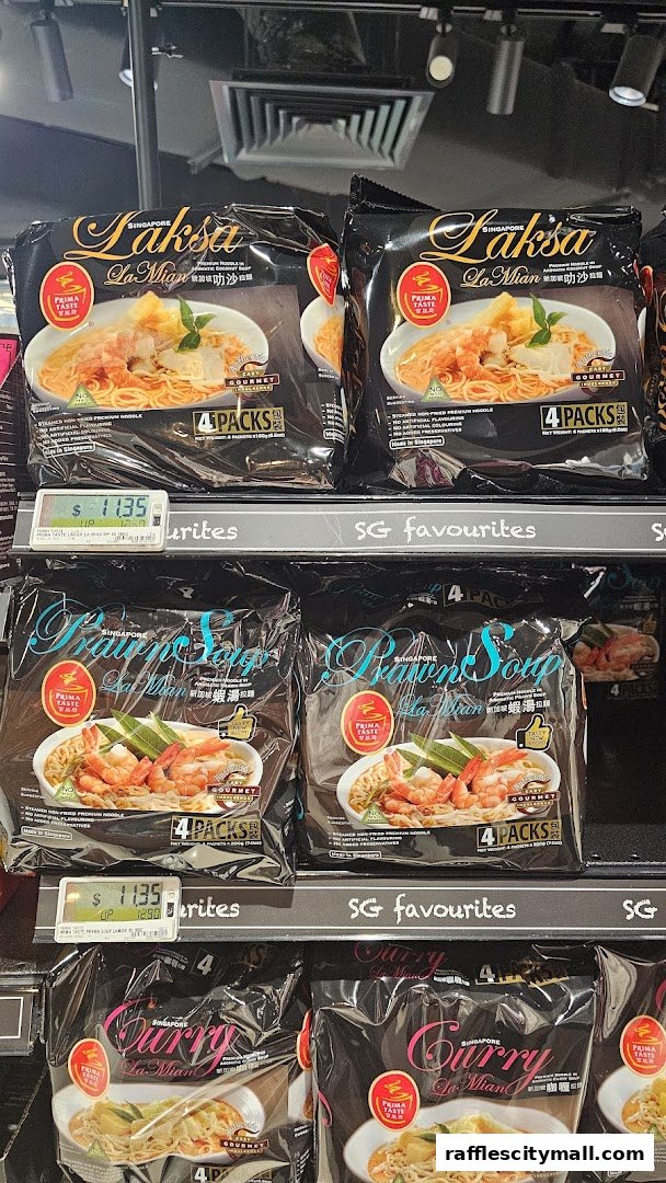 A display of packaged instant noodles featuring Singaporean flavors like Laksa and Prawn Soup.