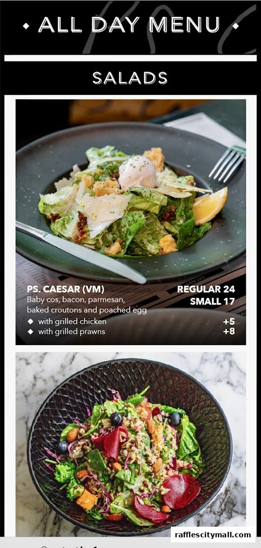 A menu featuring PS. Cafe's All Day Menu, highlighting salads with detailed descriptions and prices.