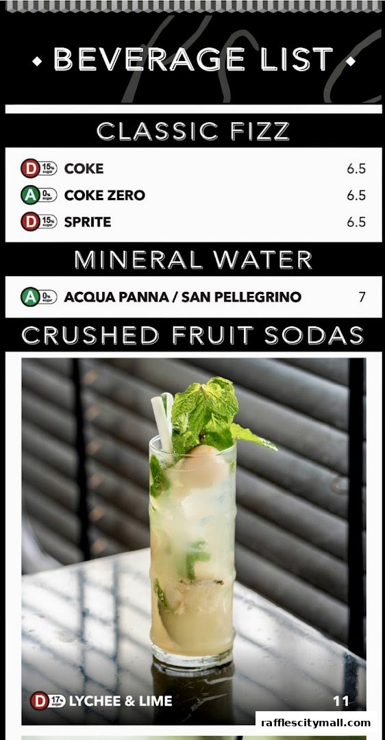 A beverage list featuring classic sodas, mineral water, and crushed fruit sodas with prices.