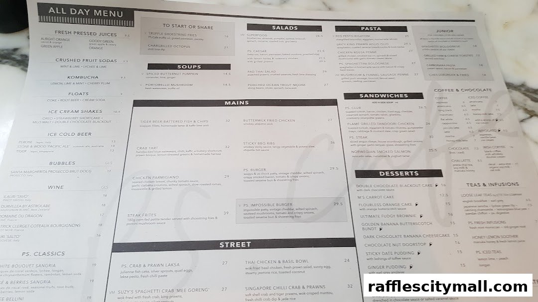 A menu from PS.Cafe Raffles City with various food and drink categories.
