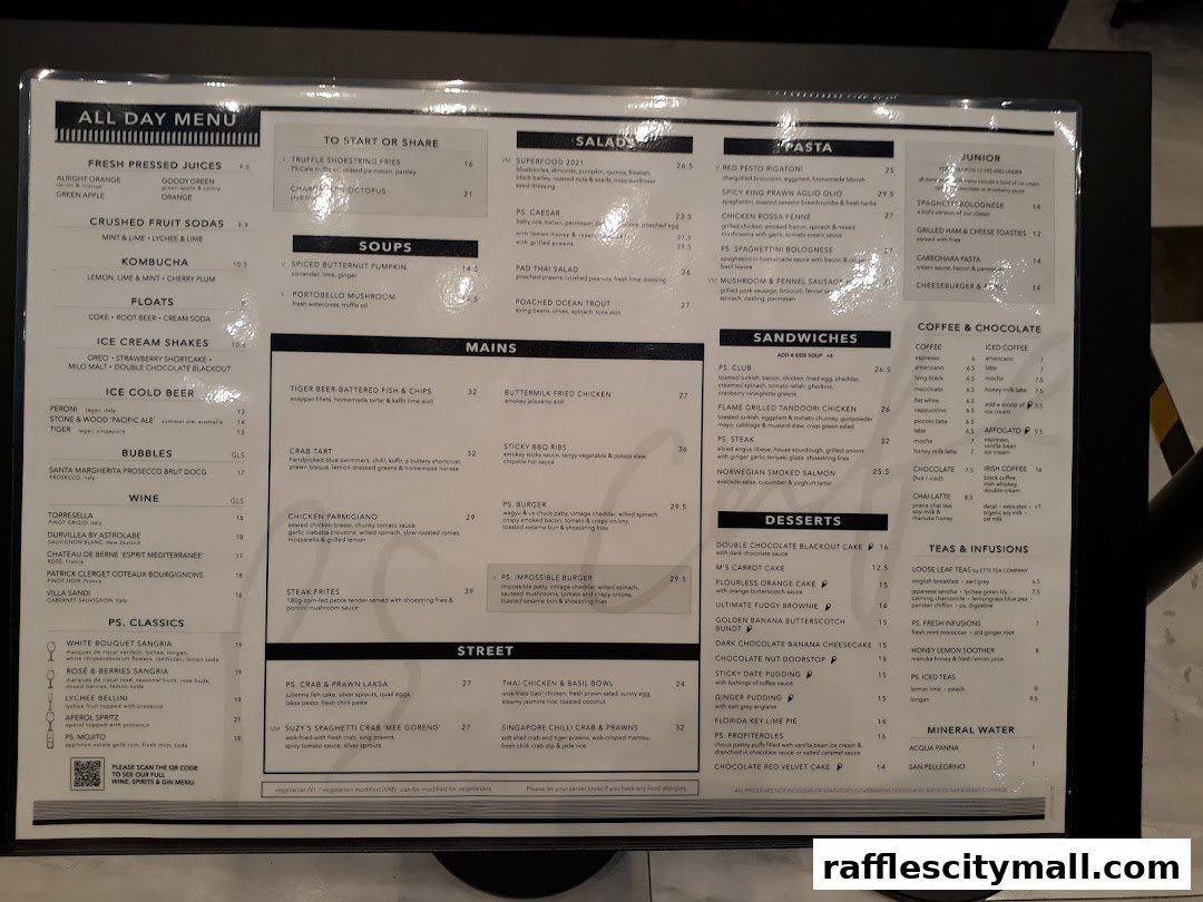 A menu from PS.Cafe Raffles City with various food and drink categories.