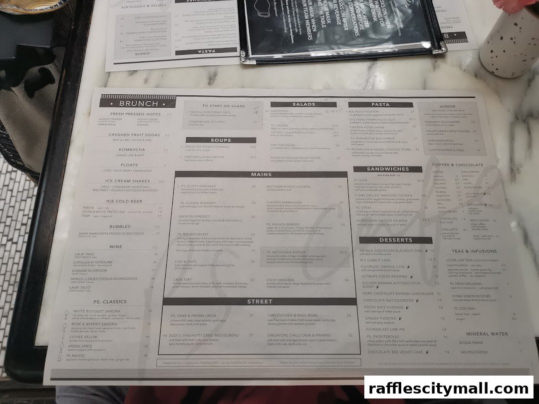 A menu from PS.Cafe Raffles City featuring brunch, salads, pasta, sandwiches, desserts, and drinks.