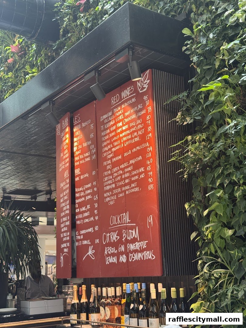 A red menu board displays wine and cocktail selections with prices, surrounded by lush greenery.