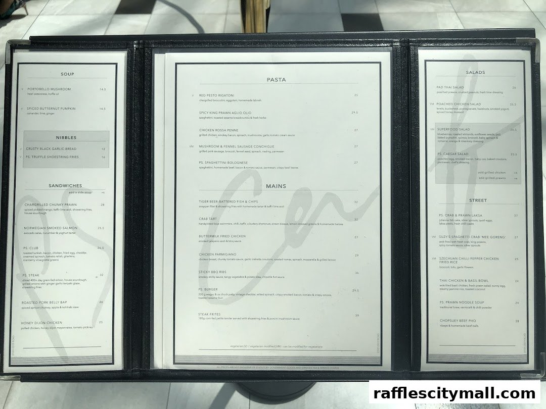 A menu from PS.Cafe Raffles City featuring soups, pasta, salads, sandwiches, and street food.