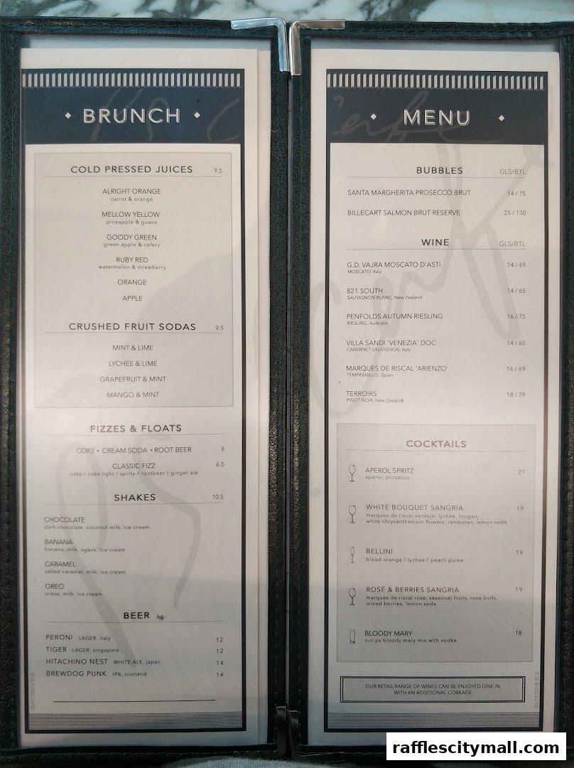A menu from PS.Cafe Raffles City featuring brunch, drinks, and cocktails.