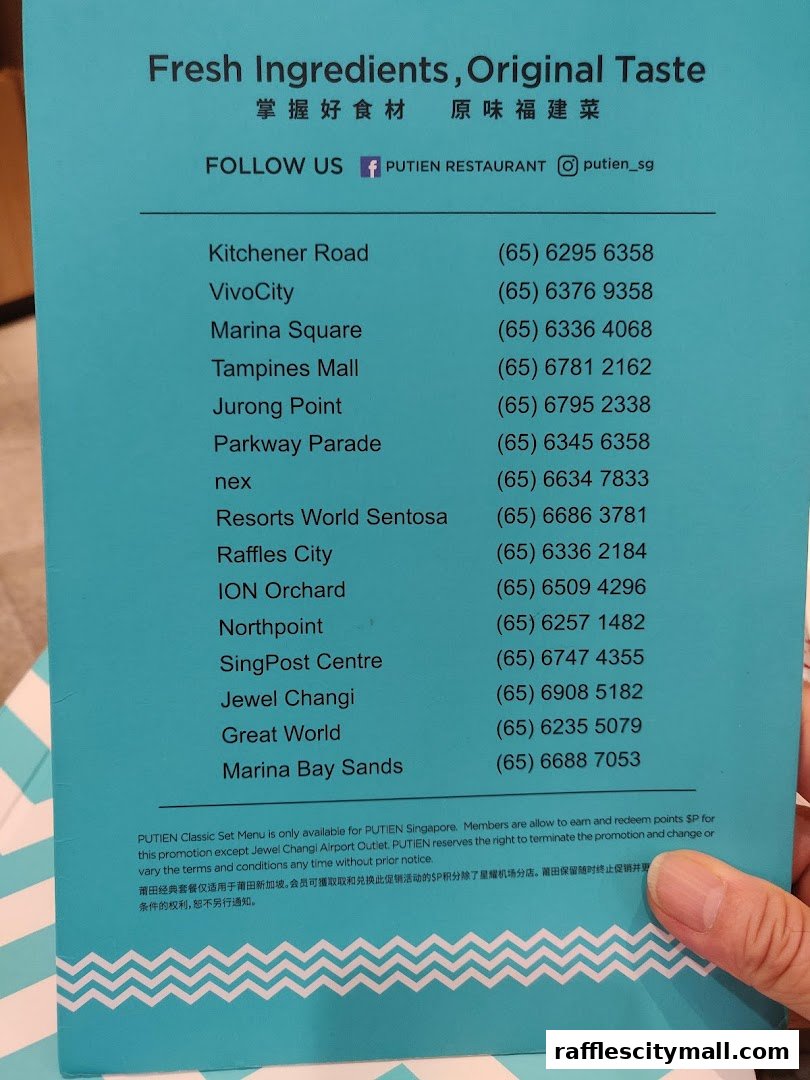 A list of PUTIEN restaurant locations and contact numbers with promotional information.