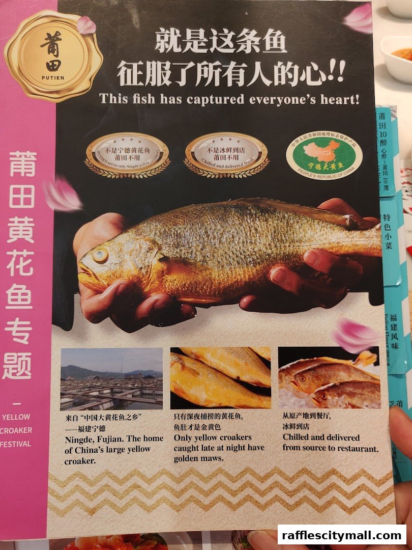 A promotional flyer for PUTIEN's Yellow Croaker Festival, featuring a whole fish and descriptive text.