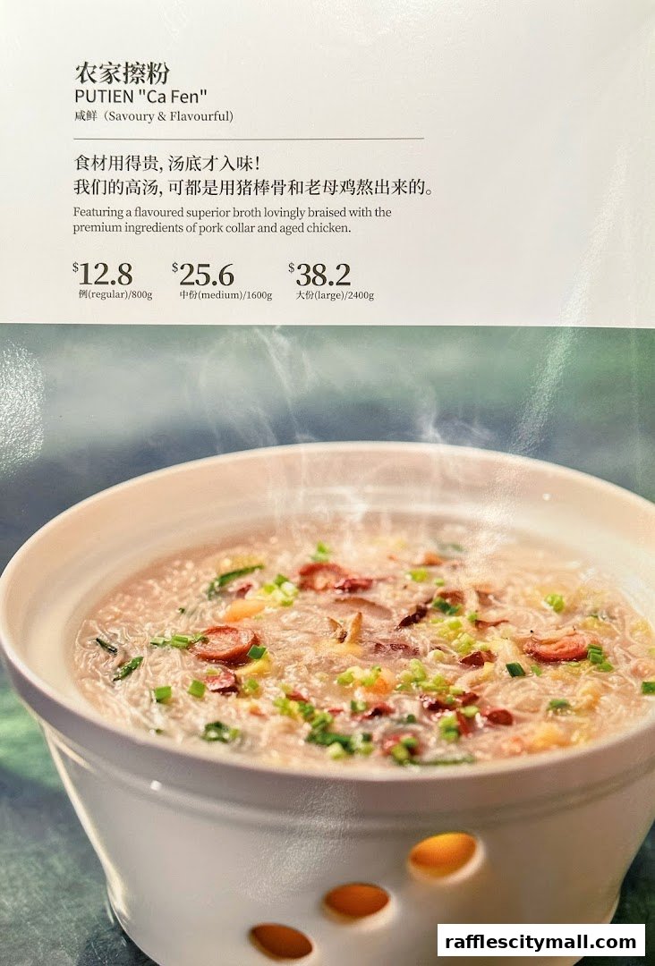 A close-up of a steaming bowl of PUTIEN "Ca Fen" with prices and descriptions.