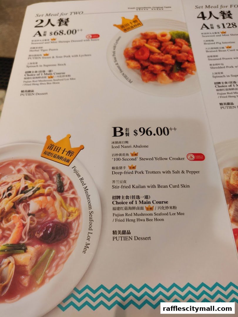 A menu from PUTIEN Raffles City featuring set meals for two and four people.