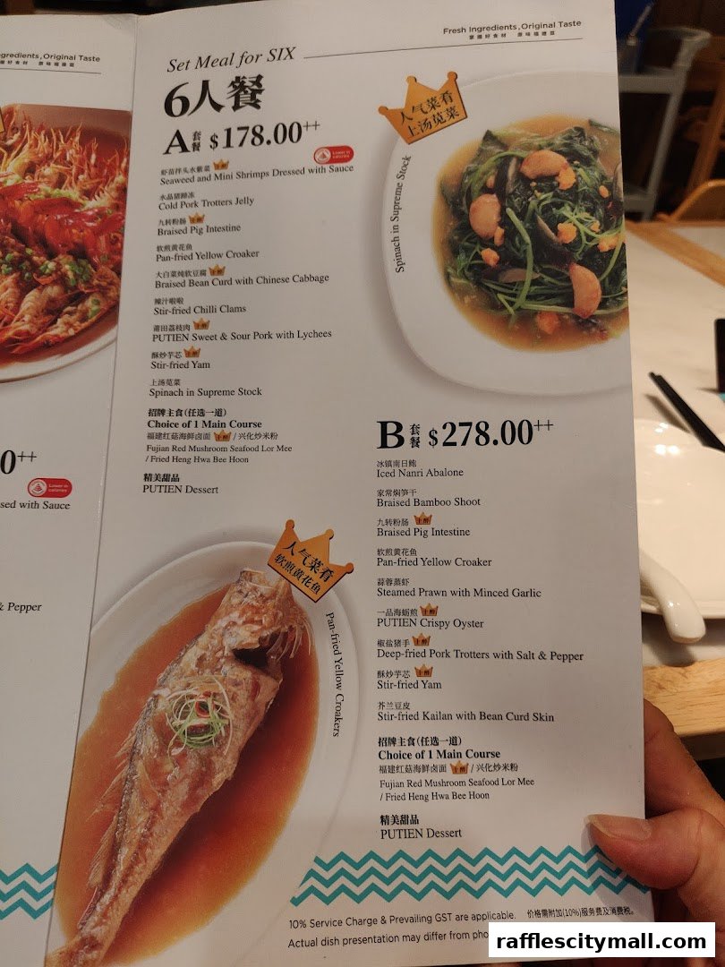 A menu from PUTIEN Raffles City showcasing set meals for six people with various dishes.