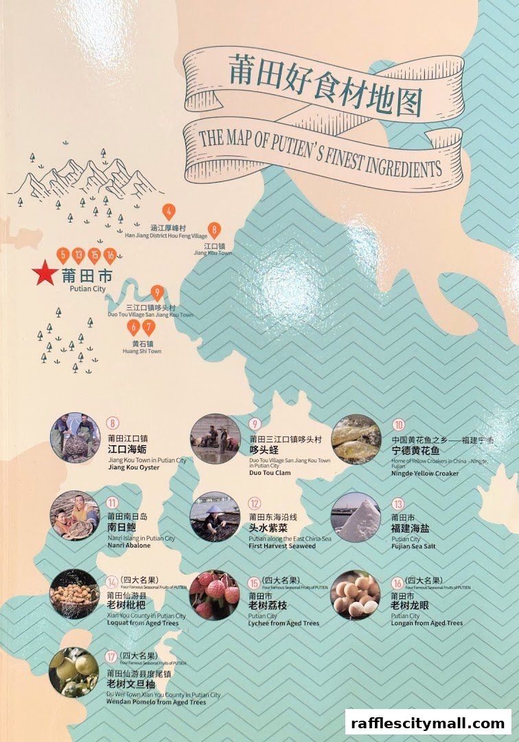 A map showcasing Putian's finest ingredients with illustrations and locations.