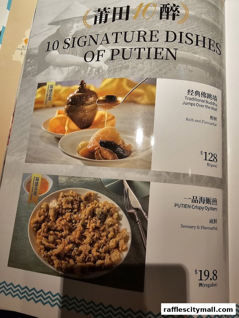 A menu showcasing signature dishes from PUTIEN, featuring 'Traditional Buddha Jumps Over the Wall' and 'PUTIEN Crispy Oysters'.