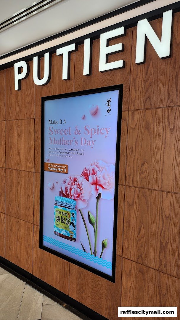 A promotional poster for PUTIEN's Mother's Day special featuring carnations and chili sauce.