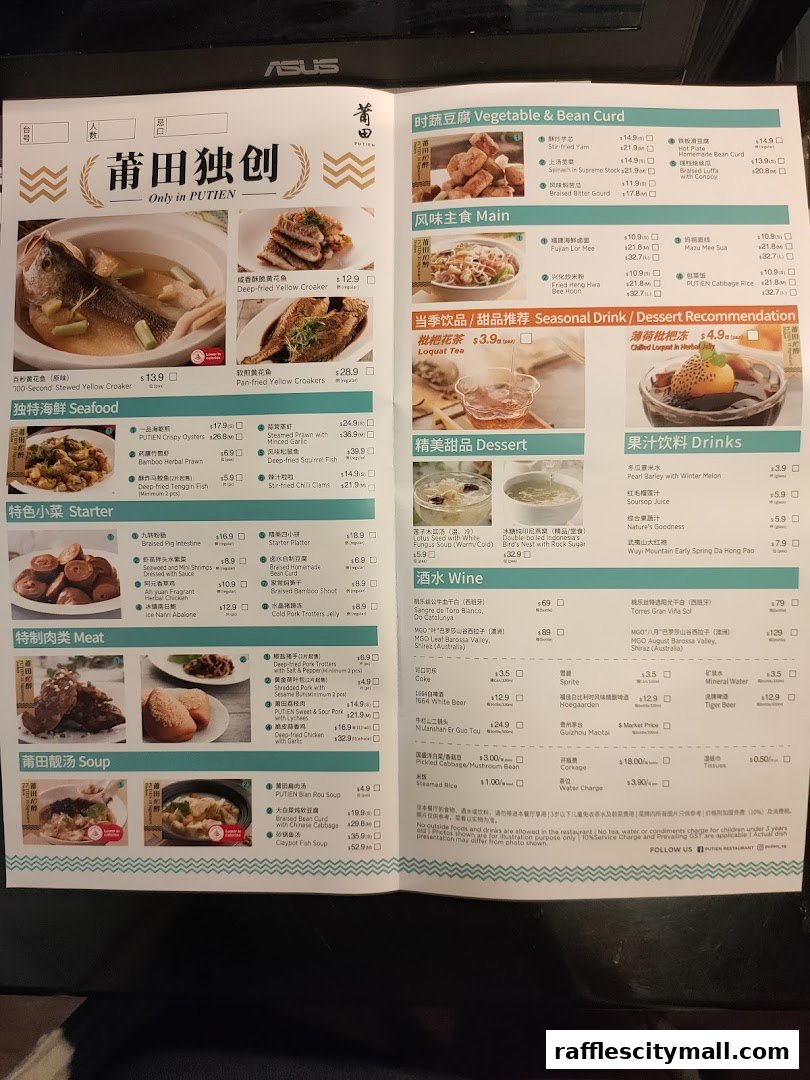 A menu from PUTIEN Raffles City featuring various Chinese dishes, drinks, and desserts.