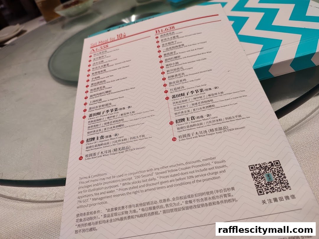 A menu from PUTIEN Raffles City featuring set meals and individual dishes.