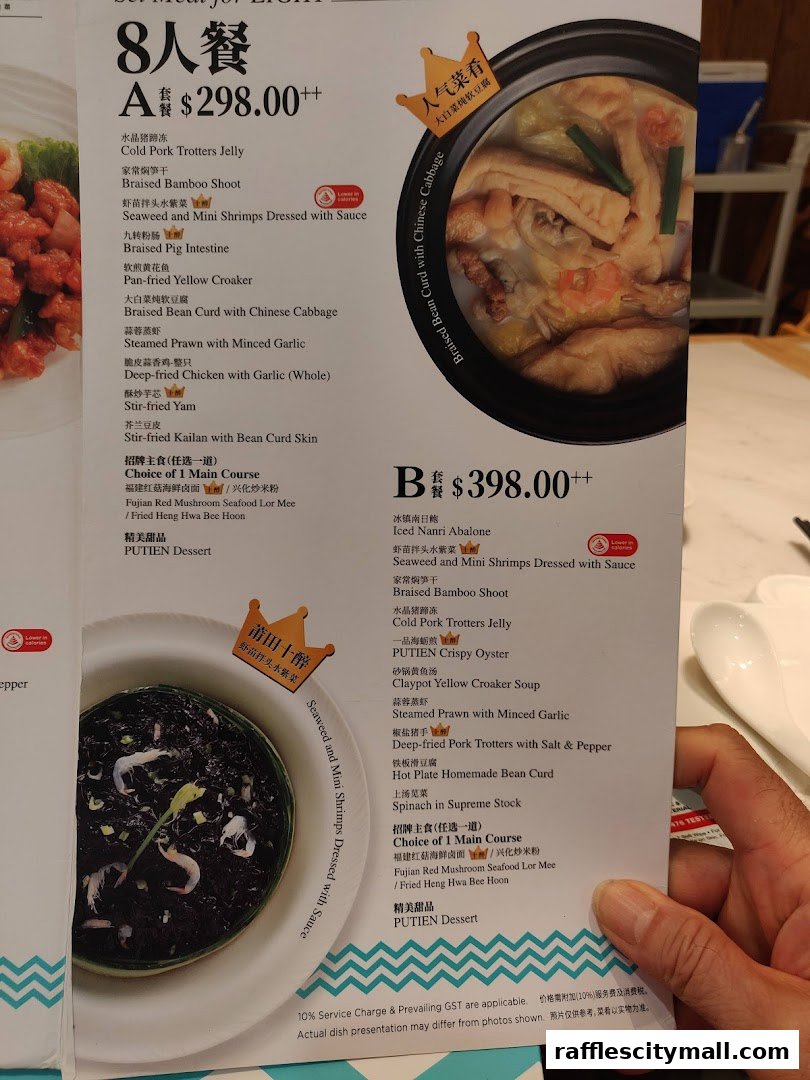 A menu from PUTIEN Raffles City showcasing set meals for eight people.