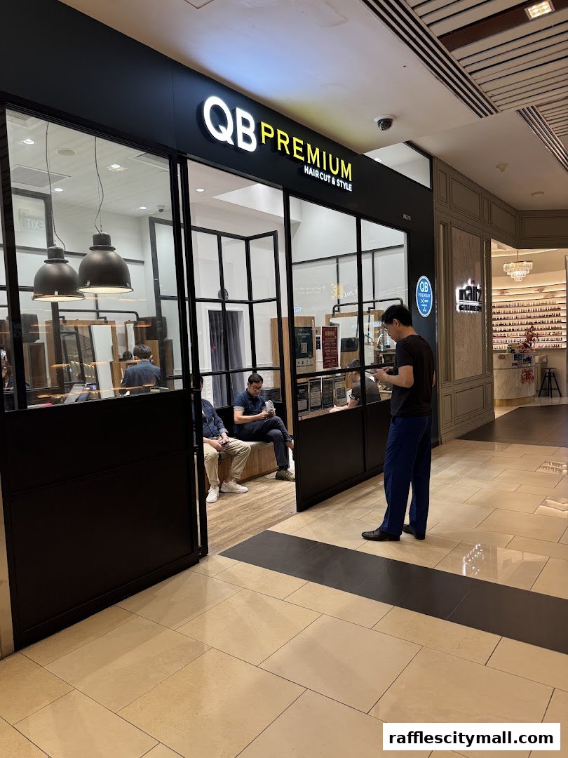 QB PREMIUM Haircut & Style shop entrance with people inside and waiting.