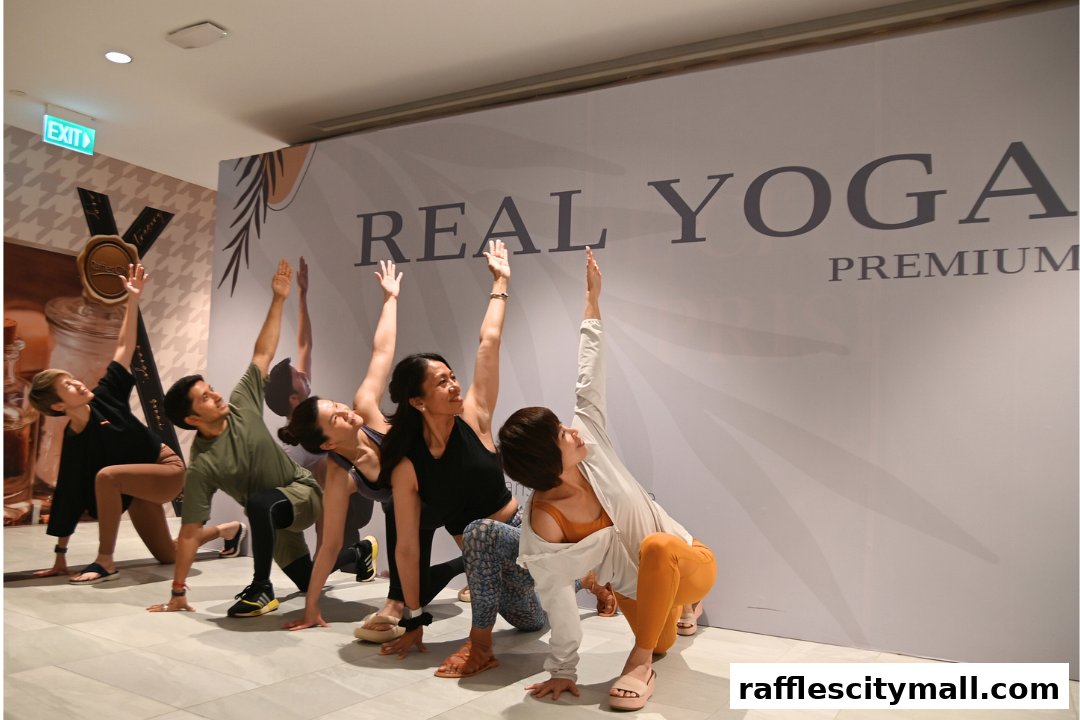 People practicing yoga in front of a wall with 'REAL YOGA PREMIUM' logo.