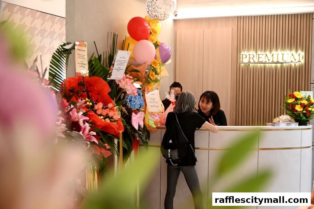 Two women interact at a reception desk decorated with flowers and balloons.