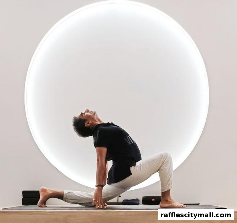A person performs a yoga pose in a bright studio with a large circular light.