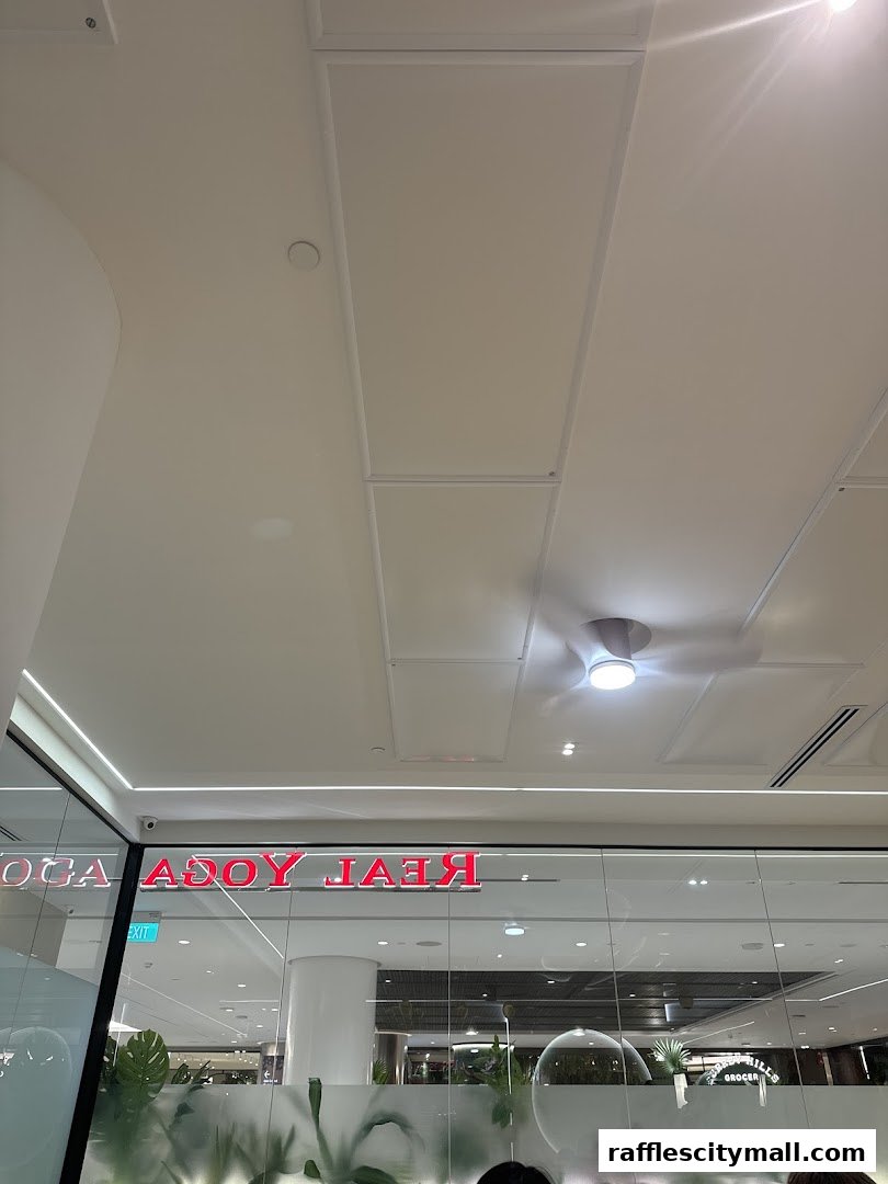 The entrance of Real Yoga Premium at Raffles City, featuring a prominent red logo and glass facade.
