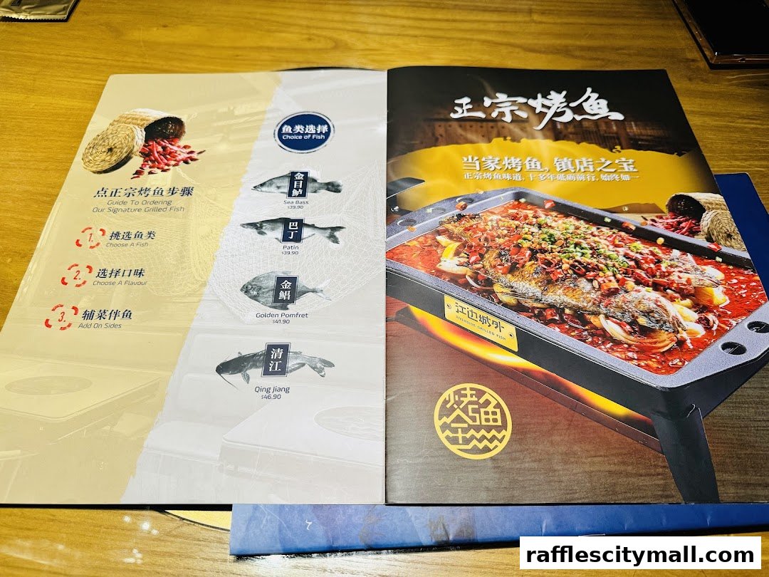 A menu showcasing signature grilled fish with various fish options and prices.