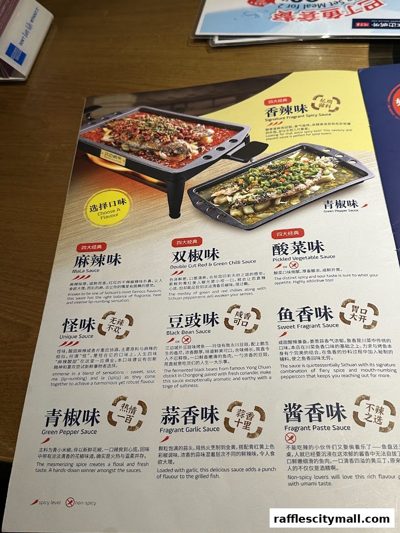 A menu showcasing various sauces for grilled fish, with descriptions and flavor profiles.