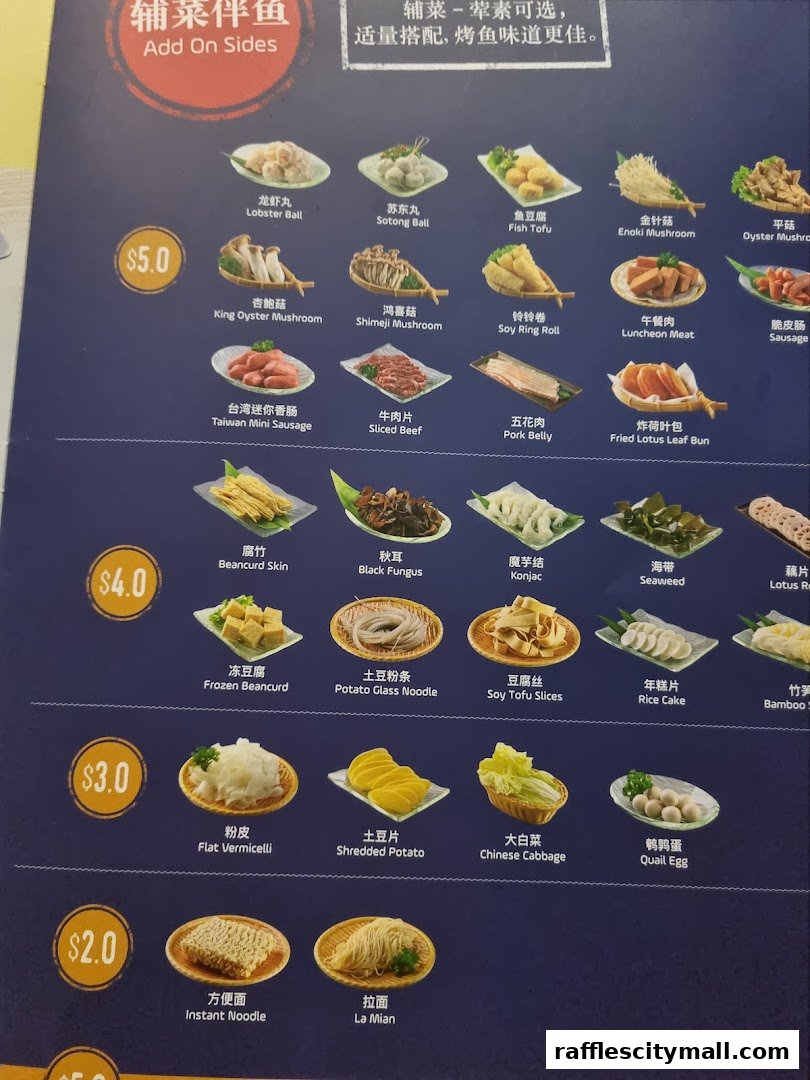 A menu displaying various side dishes with prices, including seafood, meats, vegetables, and noodles.