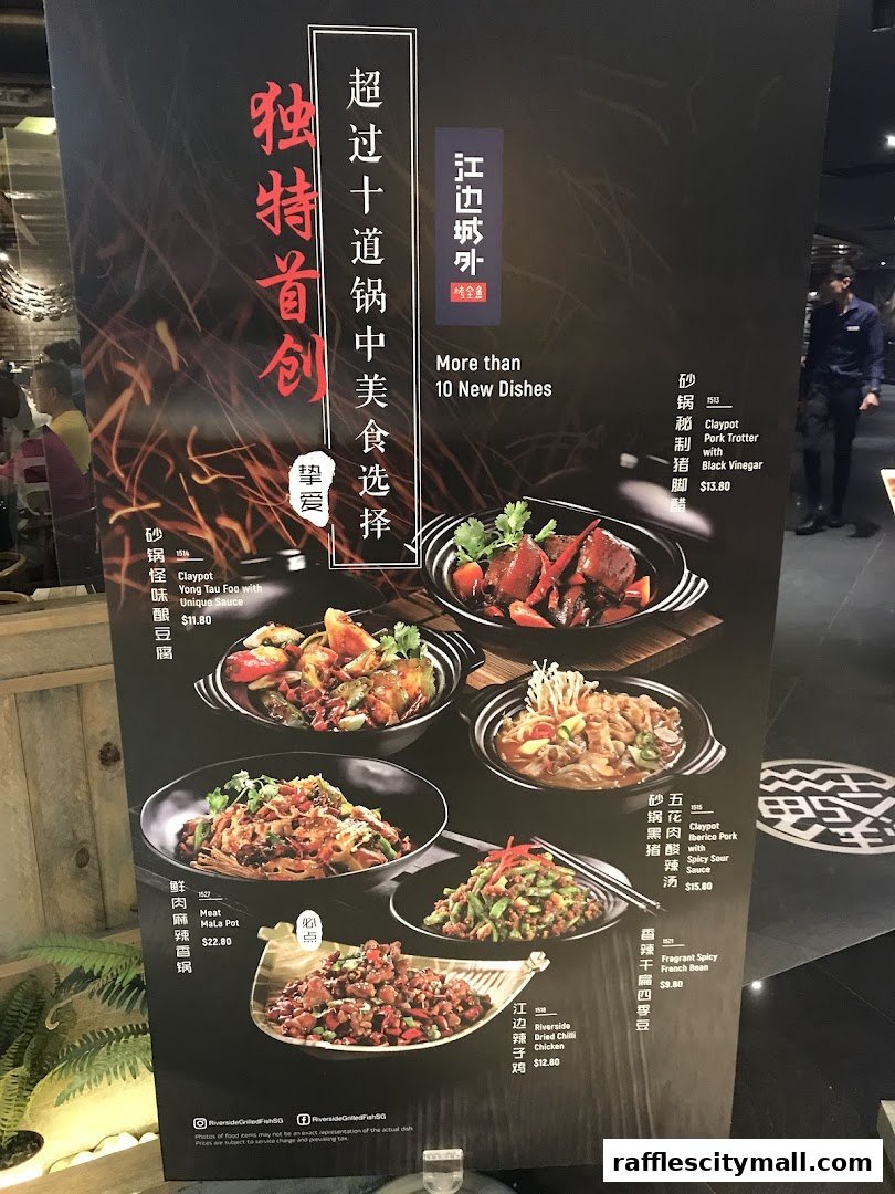 A menu board showcasing various claypot dishes with vibrant food photography.