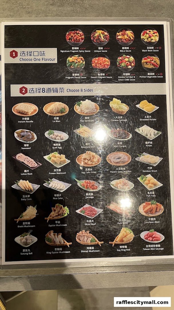 A menu displaying various flavors and side dishes for claypot cuisine, with images of each item.
