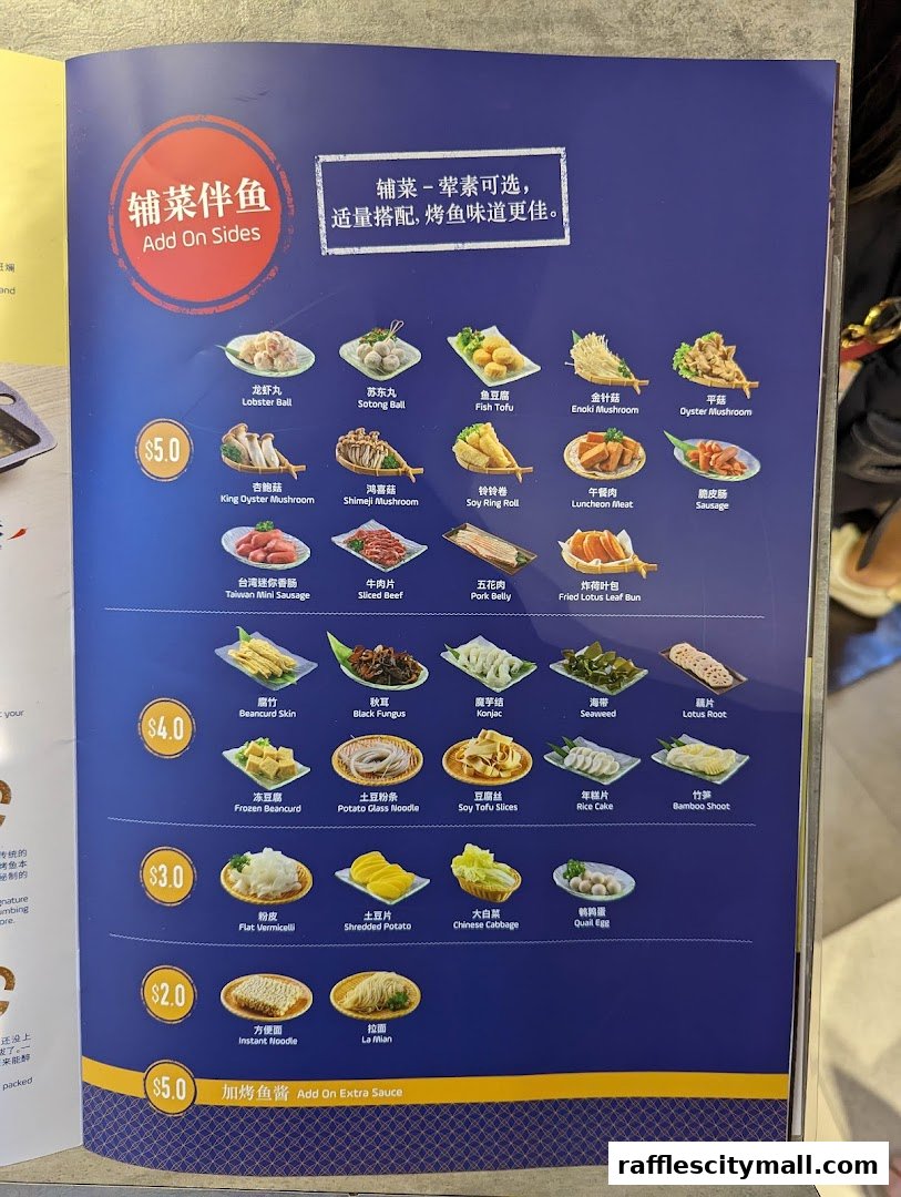 A menu page from Riverside Canton Claypot Cuisine featuring various add-on side dishes with prices.