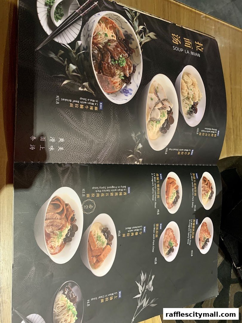 A menu featuring various La Mian noodle dishes with different toppings and soups.