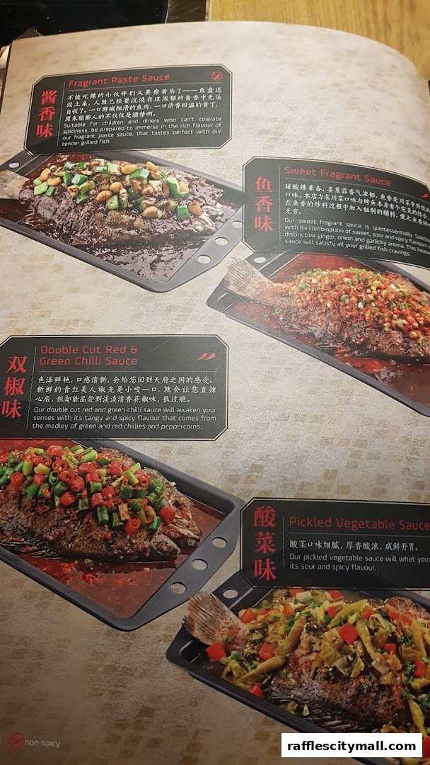 A menu showcasing different sauces for grilled fish, with descriptions and images.