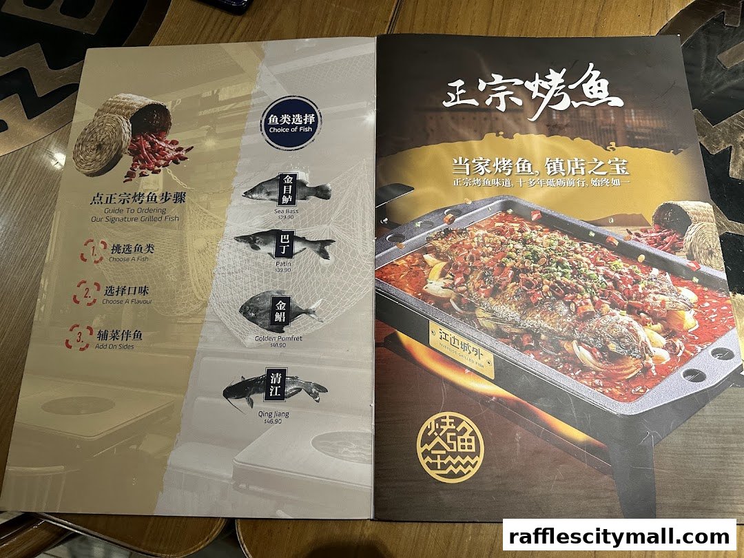 A menu showcasing different types of fish for grilled dishes with prices and ordering steps.