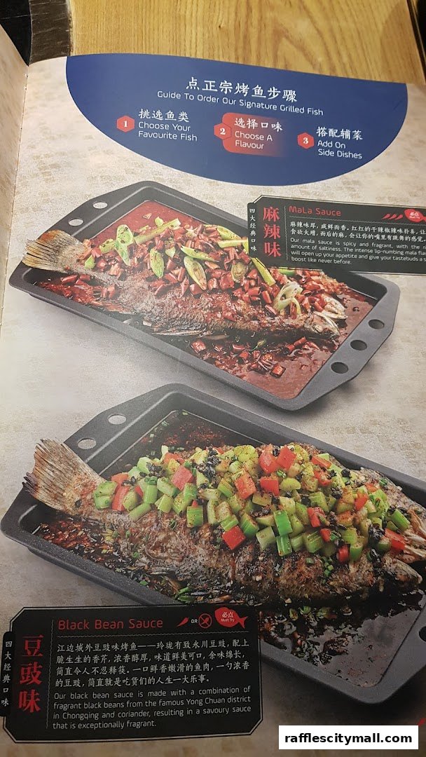A menu page showcasing two grilled fish dishes with different sauces and a guide to ordering.