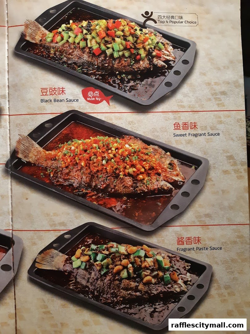 A menu showcasing three different claypot fish dishes with various sauces.