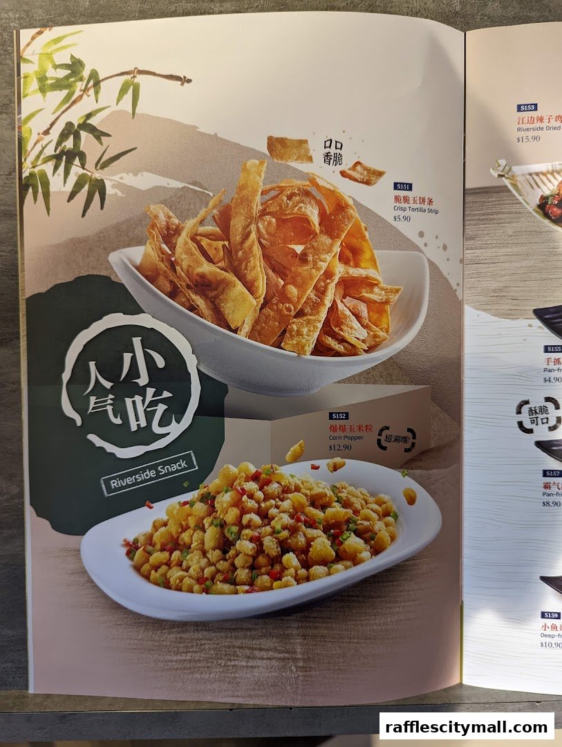 A menu page showcasing two popular snacks: Crisp Tortilla Strip and Corn Popper.