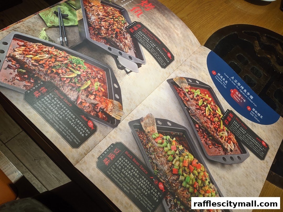A menu showcasing four different grilled fish dishes with descriptions and flavor profiles.