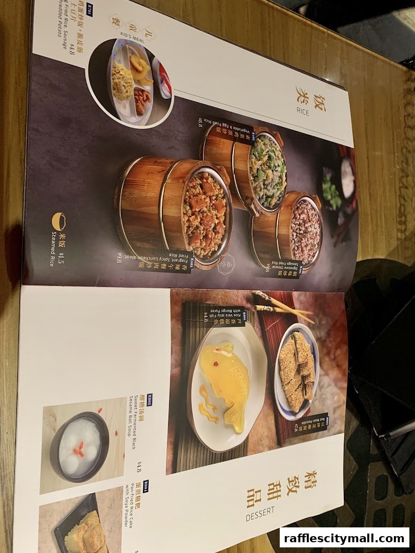 A menu featuring various rice dishes, desserts, and a kid's meal.
