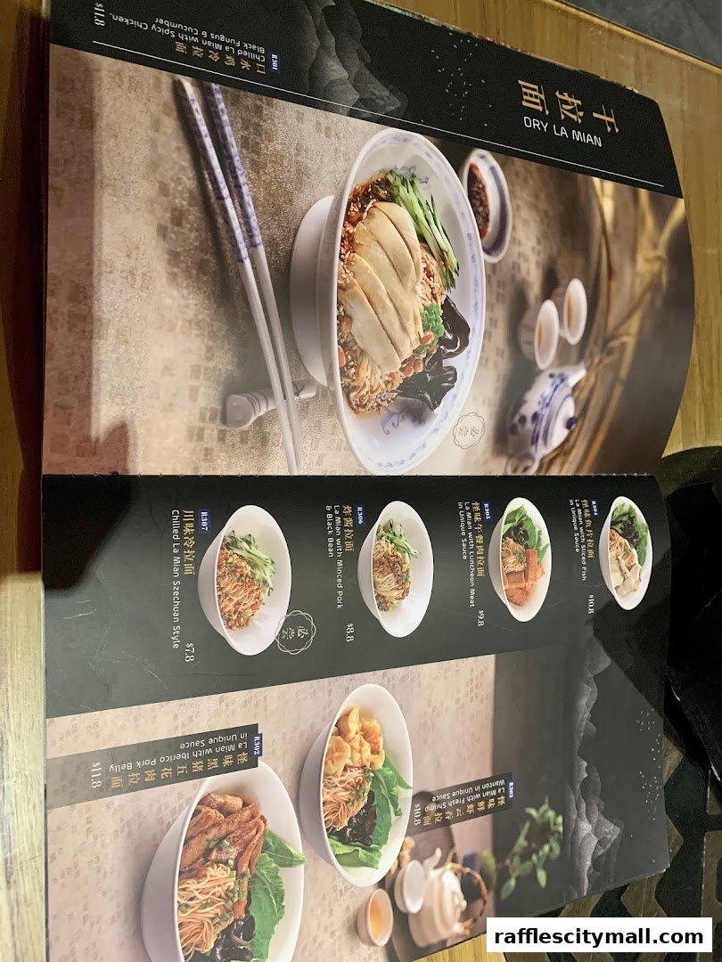 A menu featuring various noodle dishes with appetizing food photography.