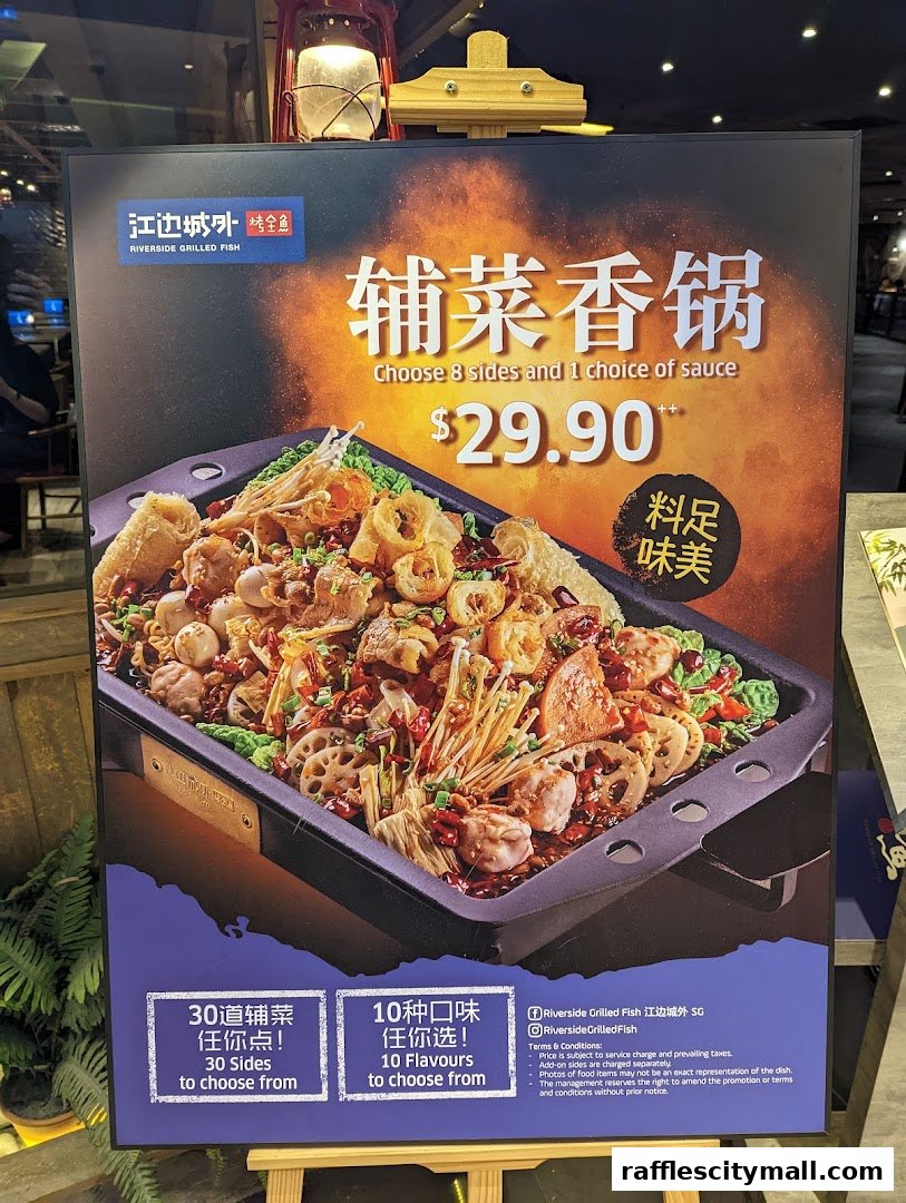 A promotional poster for Riverside Grilled Fish's flavorful claypot dish.