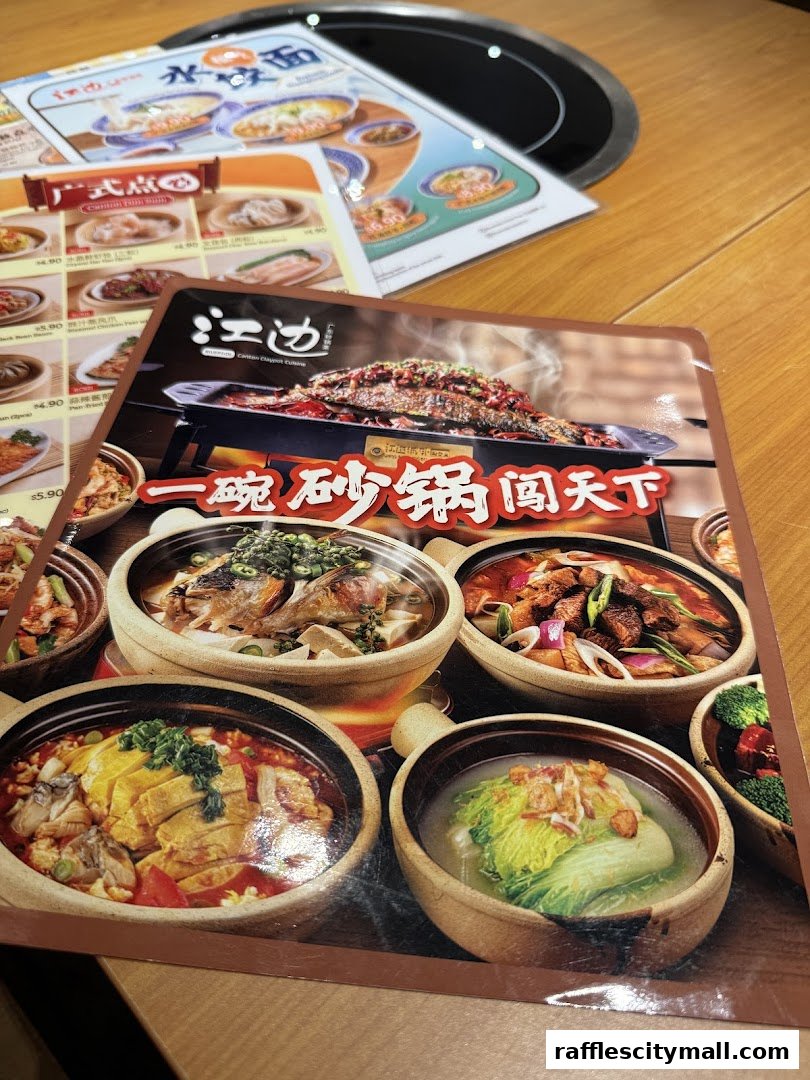 A menu from Riverside Canton Claypot Cuisine featuring various claypot dishes.