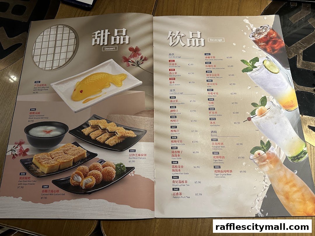 A menu featuring desserts like fish-shaped jelly and red bean pancakes, and beverages including teas and sodas.