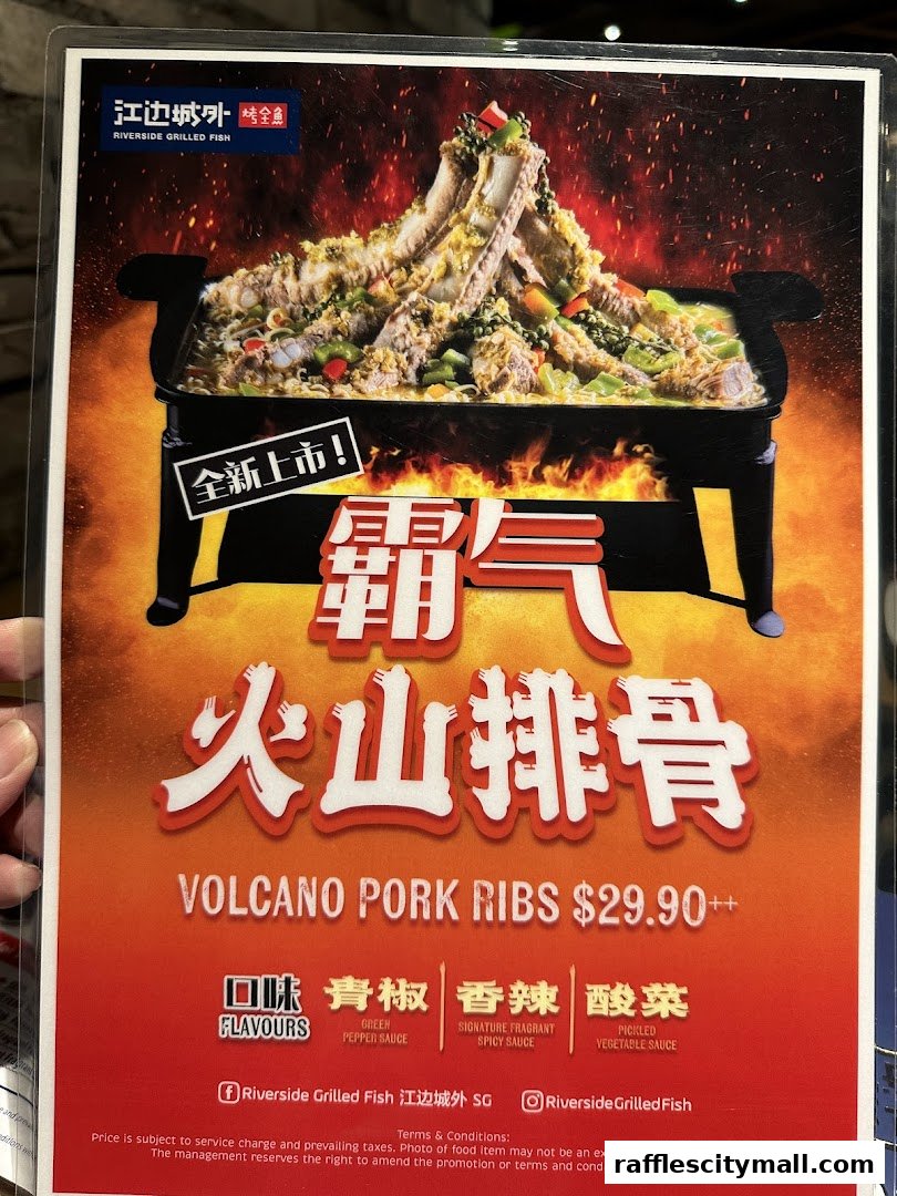 A menu featuring Volcano Pork Ribs with various flavor options from Riverside Grilled Fish.