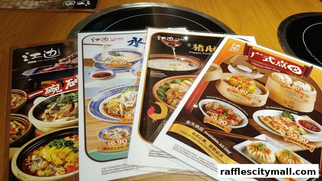 A selection of menus from Riverside Canton Claypot Cuisine showcasing various dishes.