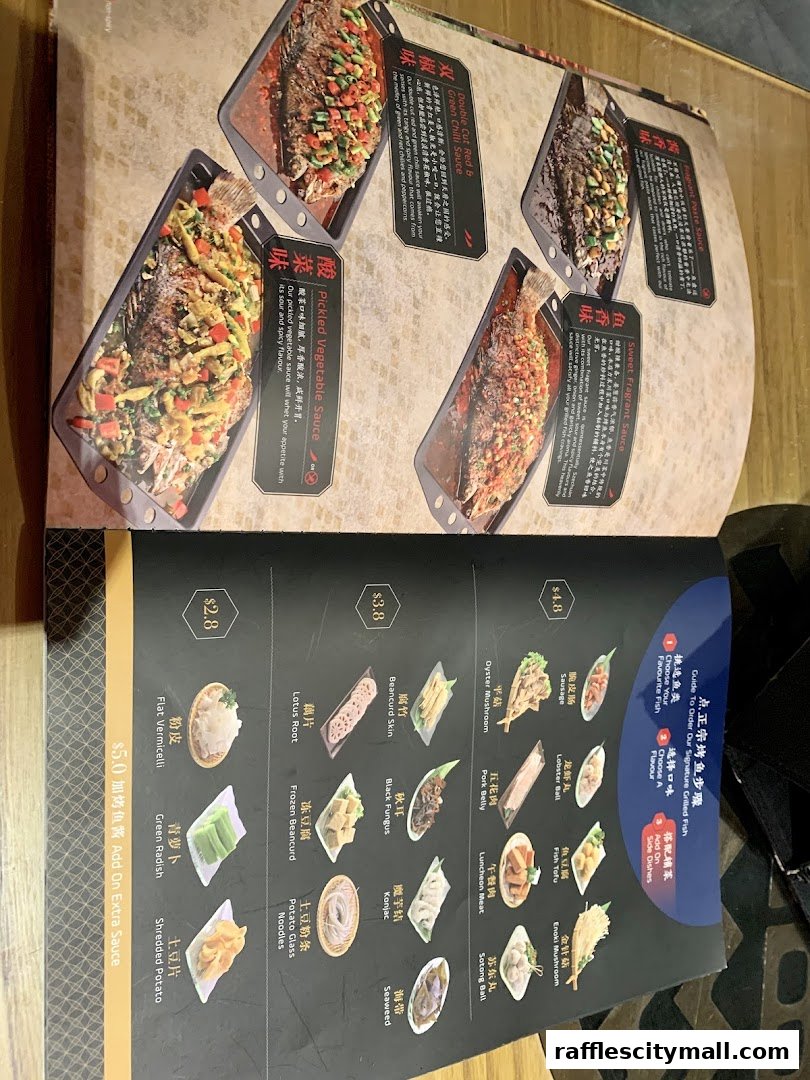A menu featuring various grilled fish dishes and side dishes with accompanying images.