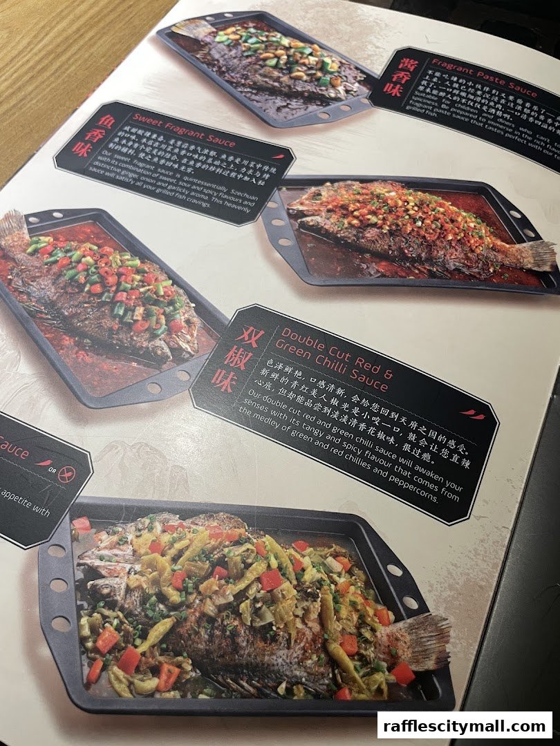 A menu page showcasing several whole grilled fish dishes with different sauces.